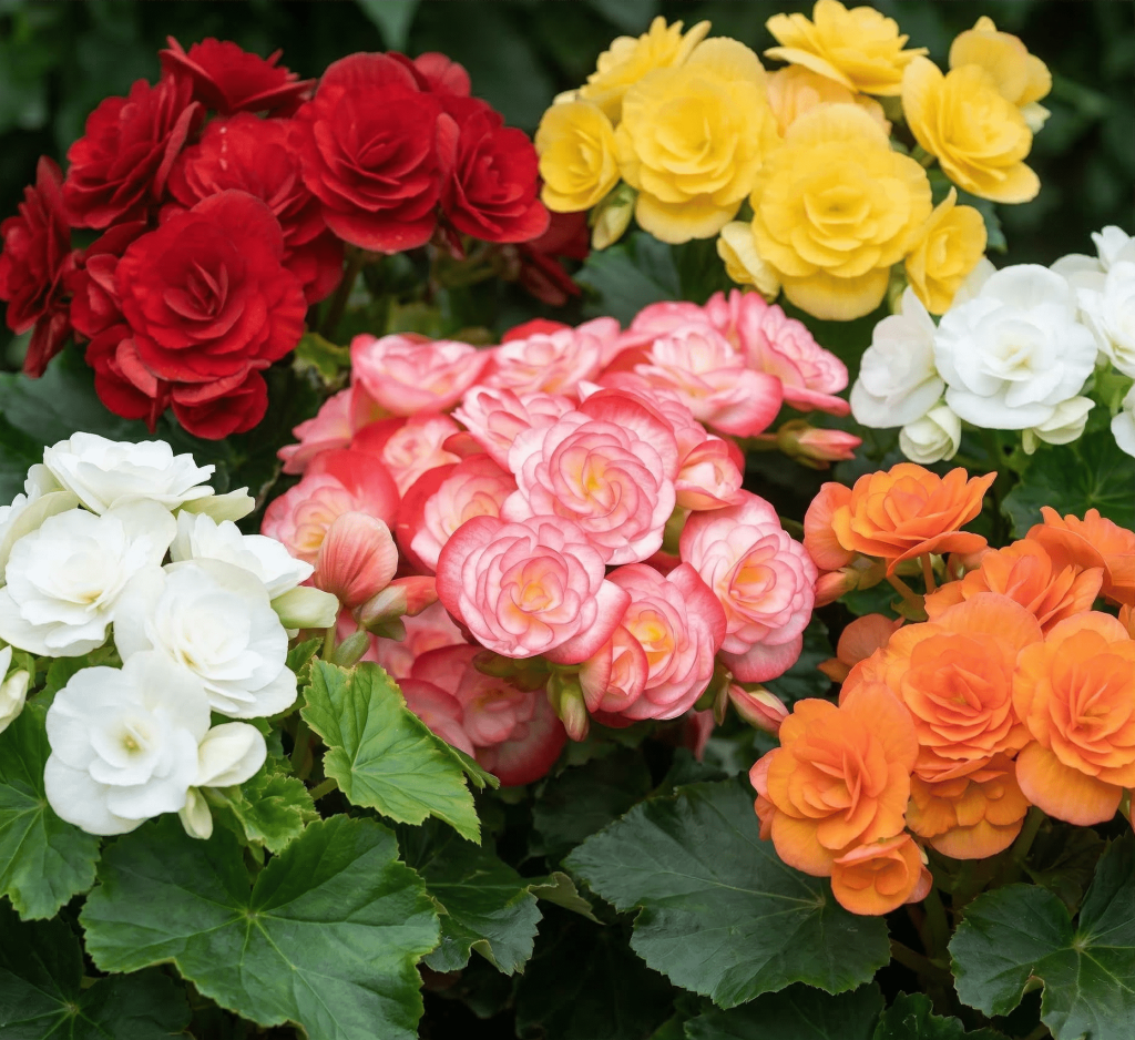 Product image of Double Begonia flowers in an assortment of vibrant colors including red, yellow, white, orange, and pink, with Botanical Wonders branding at the bottom.