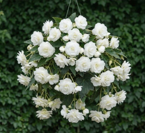 A lush hanging basket overflowing with cascading white Giant Pendular Begonia blooms and green foliage, with Botanical Wonders branding at the bottom.